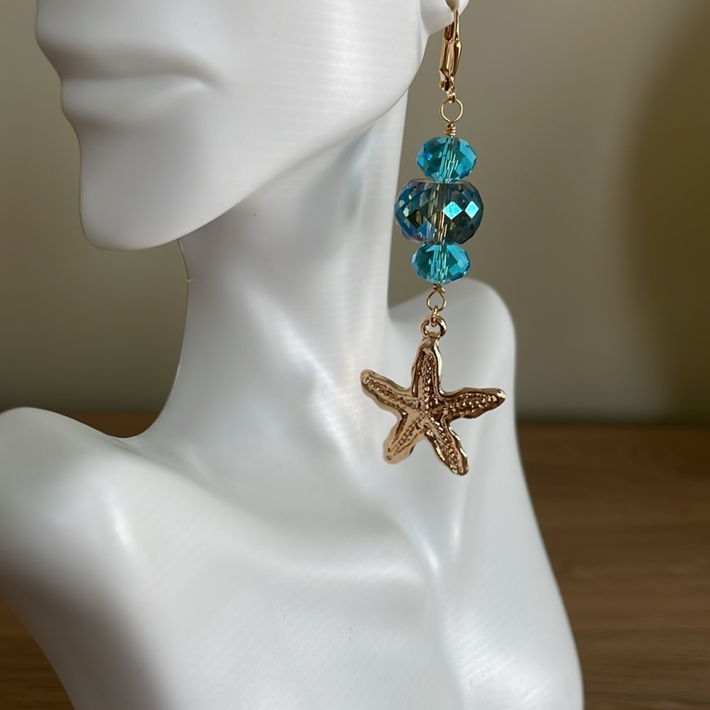 HAND CRAFTED STARFISH EARRINGS WITH CRYSTALS Long Dangle Sparkling Gold Blue